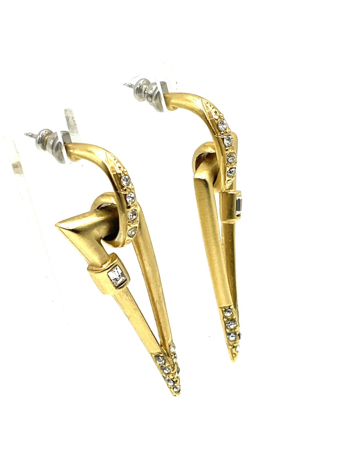 Vintage Jackie Collins Brushed Gold Rhinestone Geometric Drop Dangle Earrings 2”