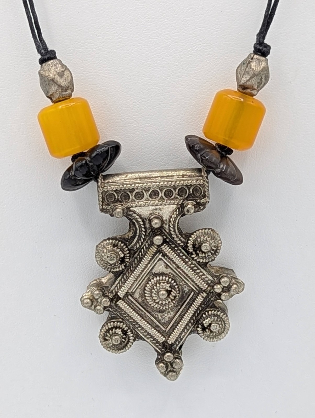Vintage Coptic Amber Tribal Necklace Yellow Boho Moroccan Berber Amulet Pendant