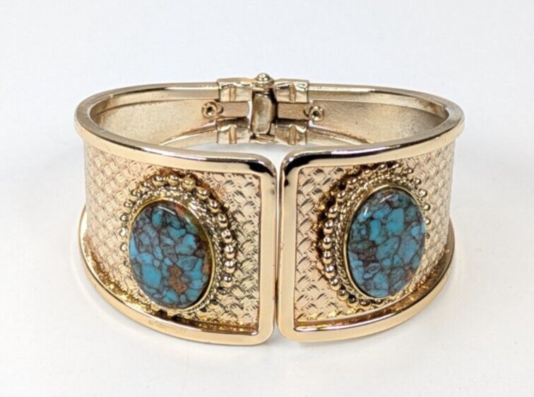 Vintage Faux Turquoise Cabochon Patterned Gold Tone Hinged Clamper Bracelet