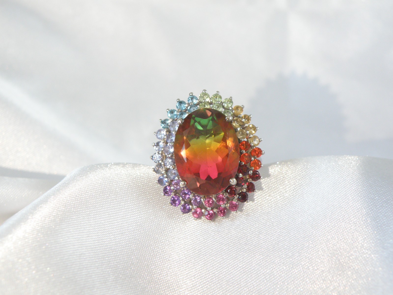 Large Sterling Silver 925 Watermelon Tourmaline Exotic Gemstone Statement Ring 8