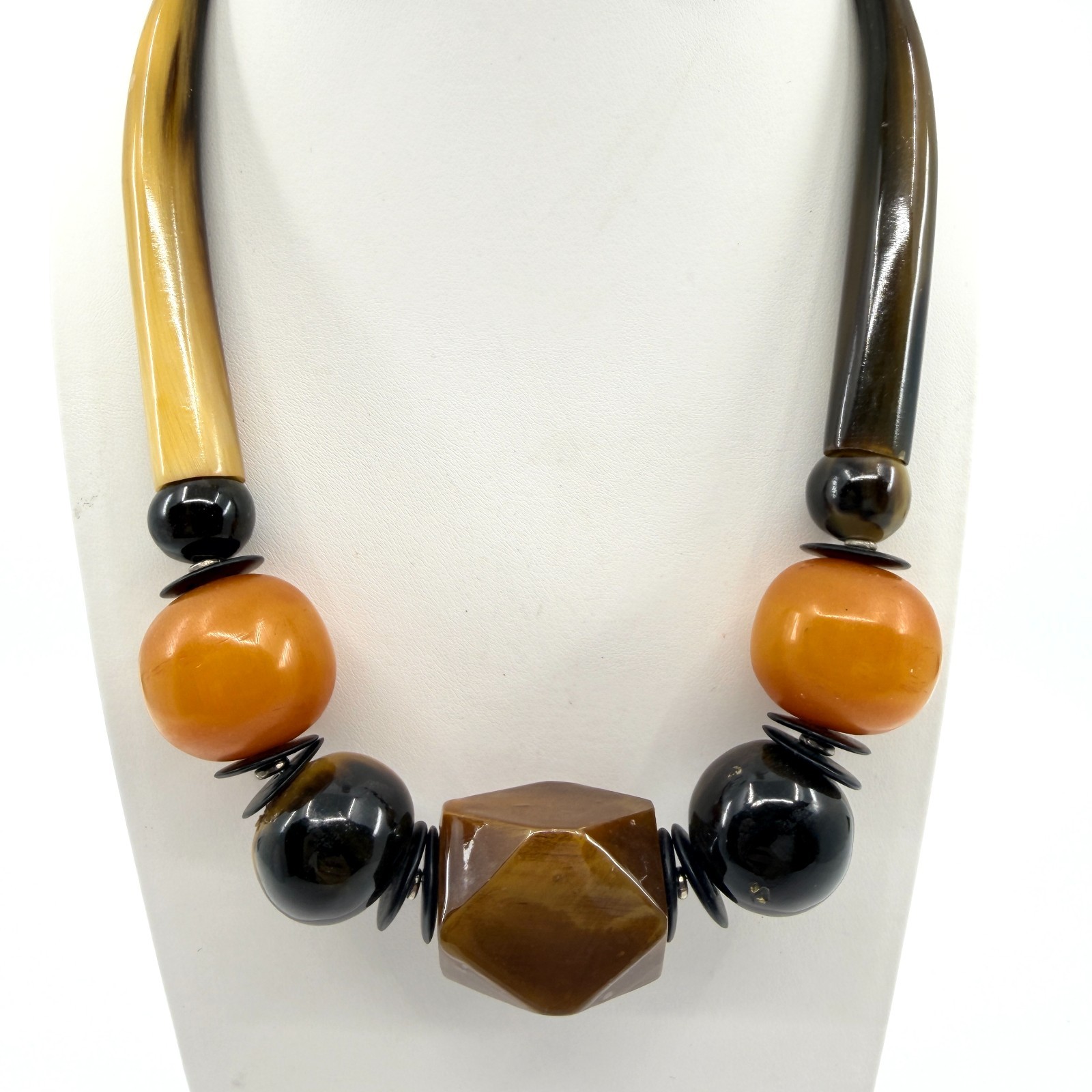 Vintage Chunky Resin Faux Horn Tusk Geometric Bead Statement Necklace Boho 90s