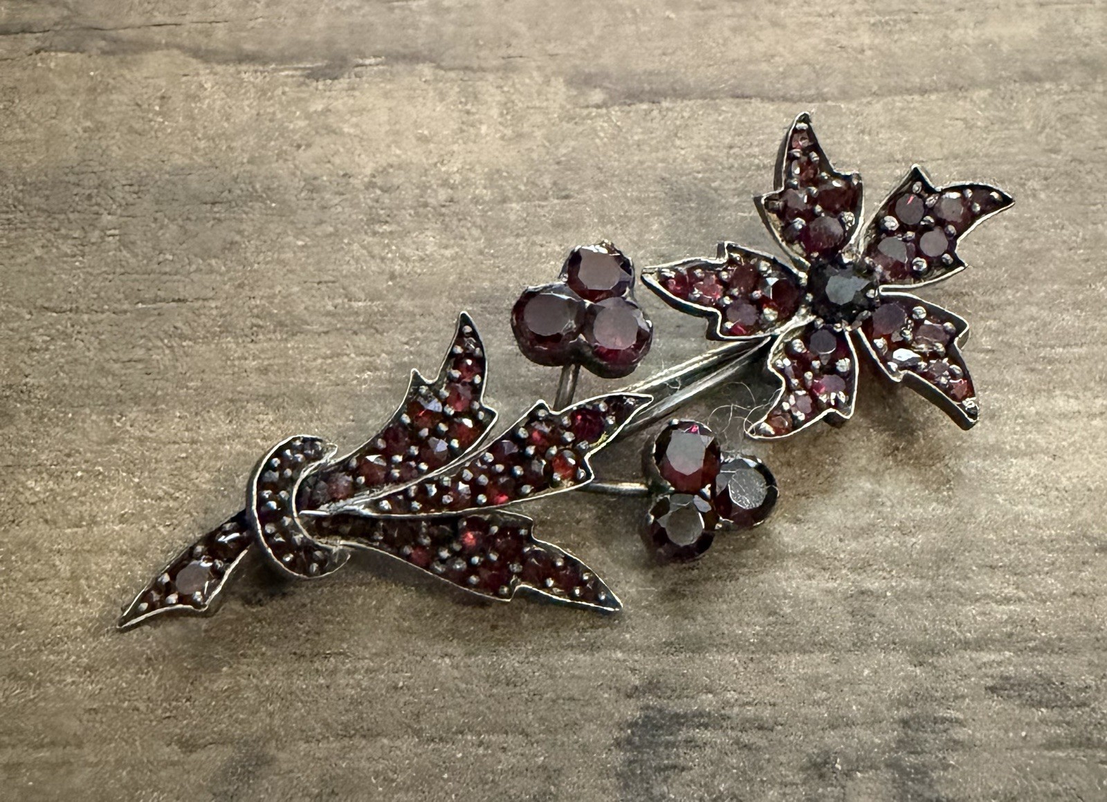 Antique Bohemian Garnet Flower Brooch Victorian Rose Cut Czech Pin