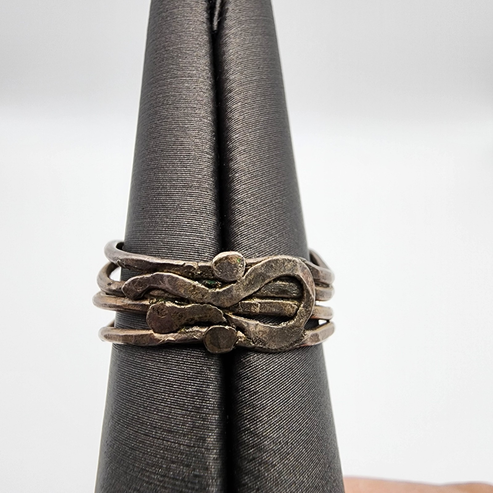 Vintage Signed RP Silver Teal Enamel Brutalist Multi Wire Strand Ring 7″