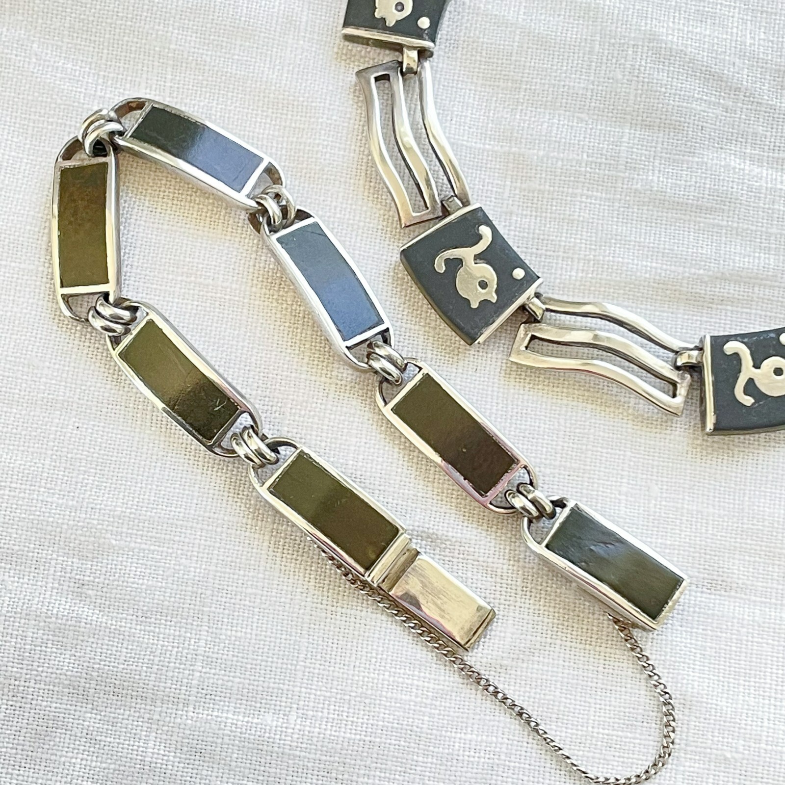 Vintage Los Castillo Onix Negro Fish Necklace/Bracelet Set, Sterling Silver Onyx