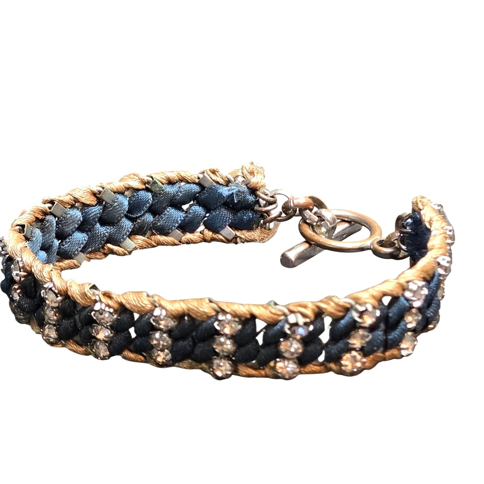 Vintage Woven Blue & Gold Adjustable Bracelet Rhinestone Accents Toggle Closure