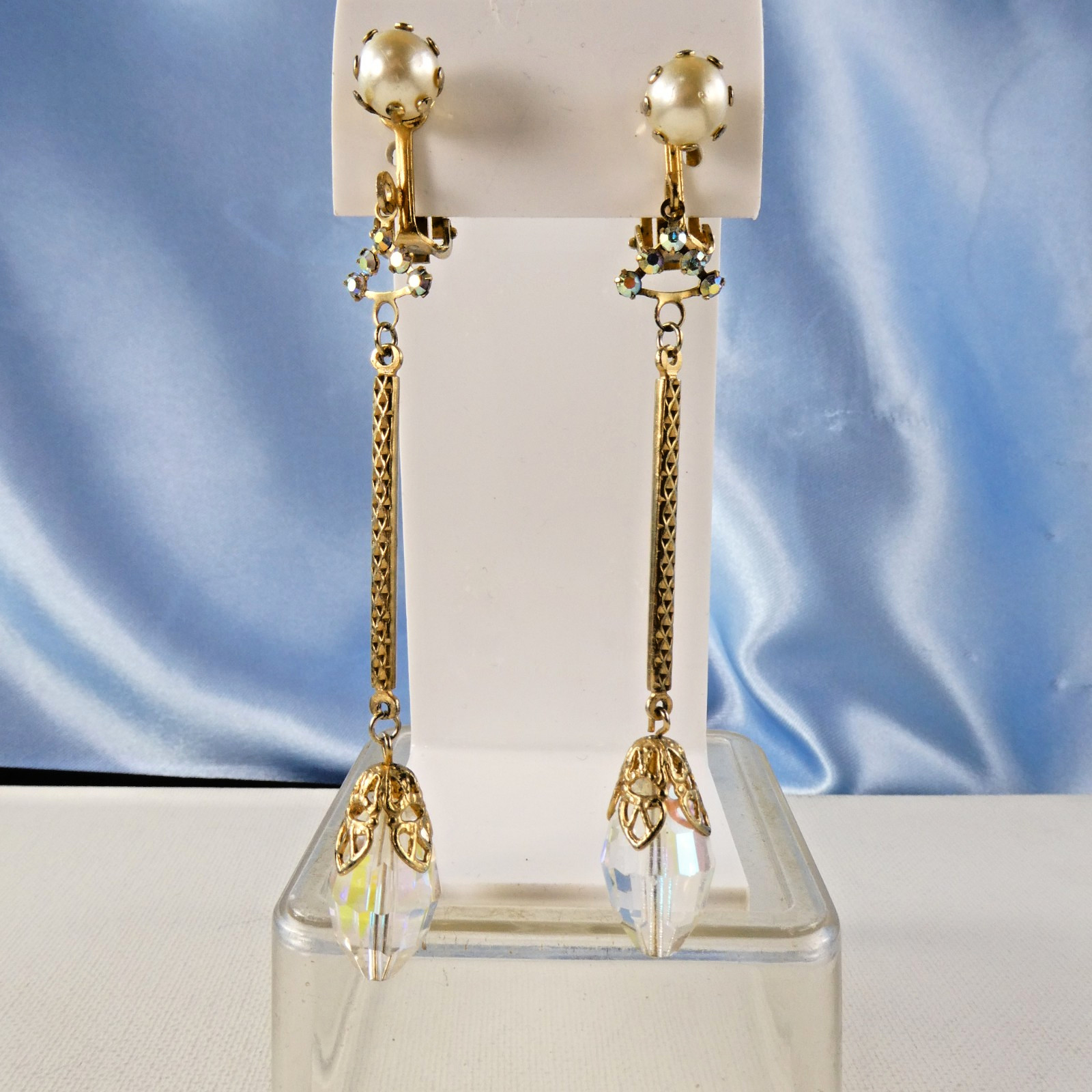 Vintage LONG Crystal Drop Dangle Earrings Clip On AB Glass Gold Tone