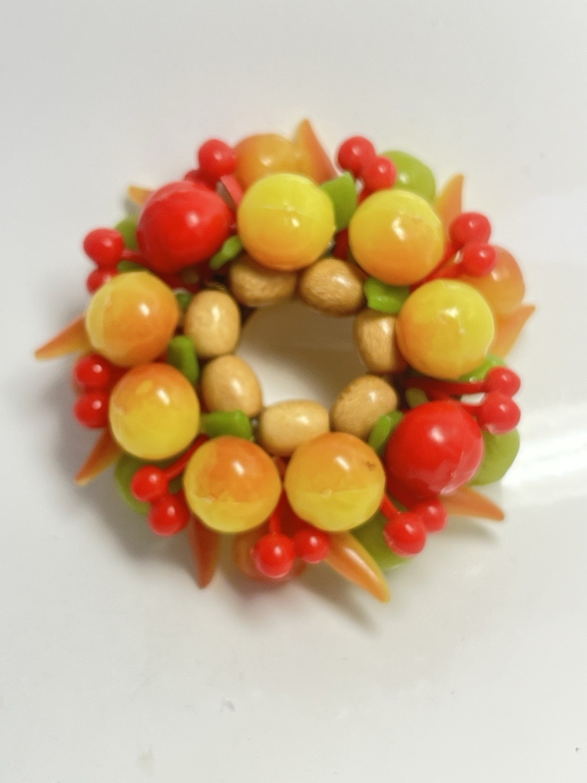 Lucite Plastic And Wood Fruit Salad Wreath Brooch Vintage West Germany