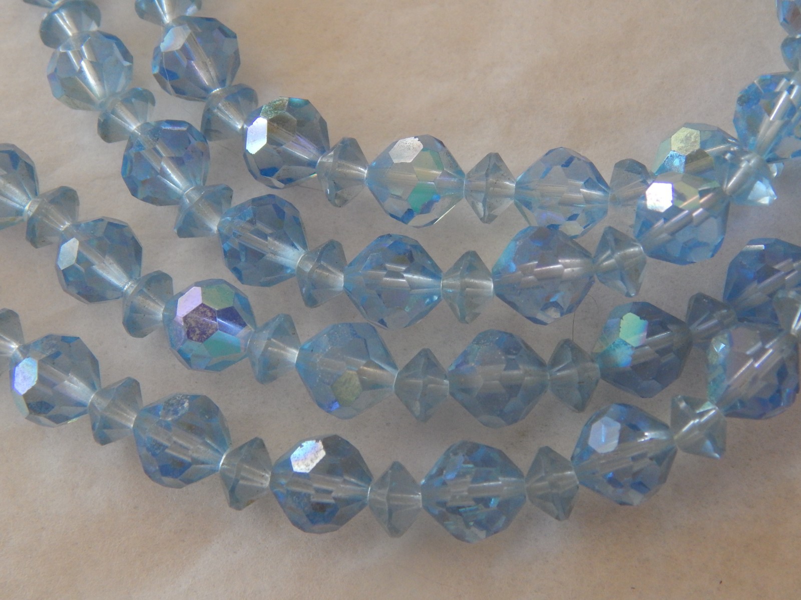 Vtg 2-Strand Blue AB Faceted Crystal Bead Necklace, Cluster Bead Clasp: 23″ Long