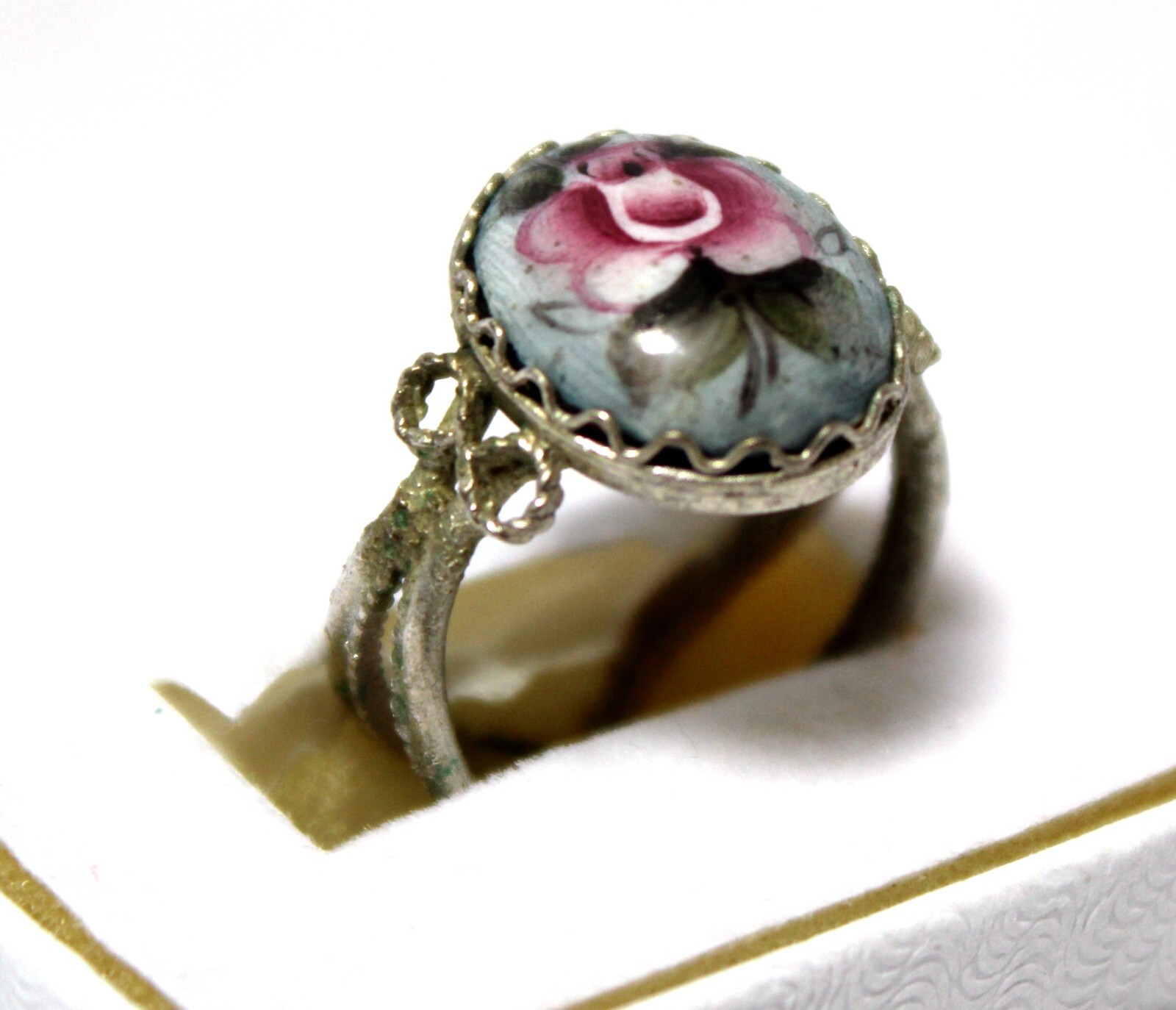 Vintage Unique Russian Enamel Finift Hand Painted Jewelry Cute Floral Ring #48