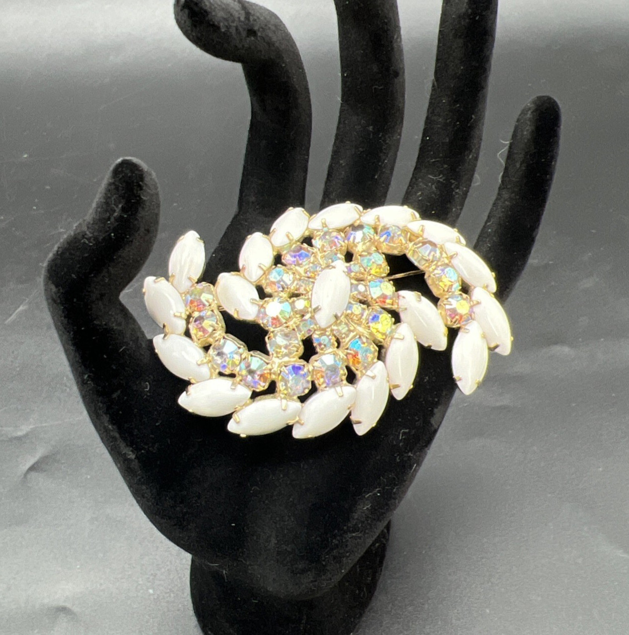 Vintage Aurora Borealis Rhinestone Milk Glass Large Swirl 3″ Brooch Pin