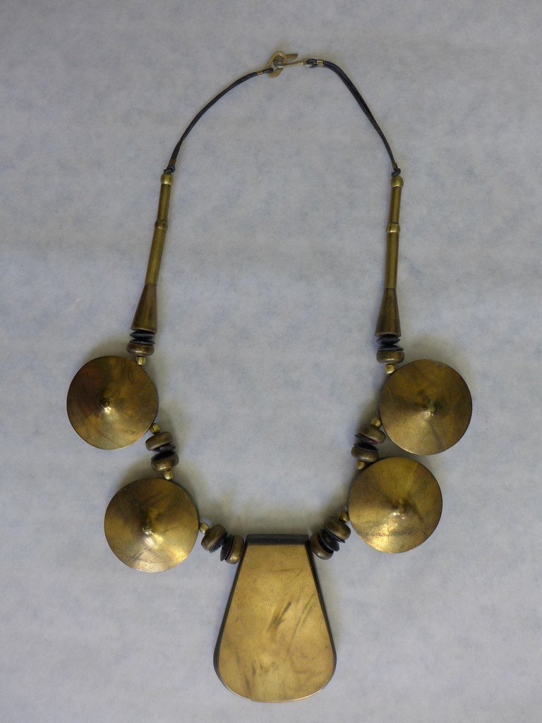 Estate Vintage Large Metal /Resin/Leather Cord Statement BOHO Tribal Necklace