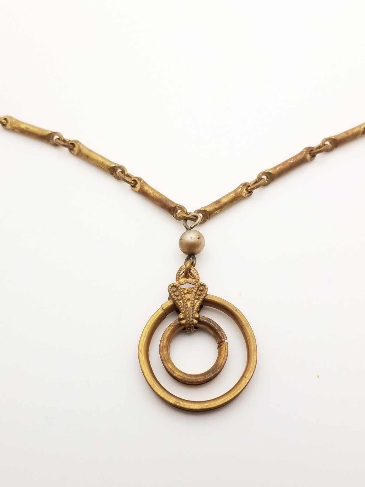 Antique Gold Tone Bar-Link Style Chain Necklace Door Knocker Pendant Circles 14″
