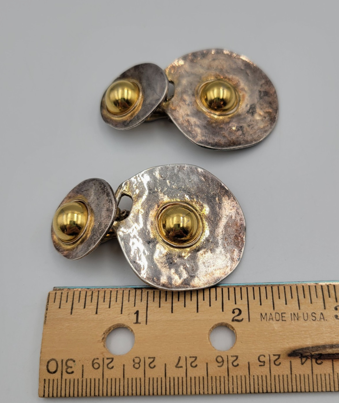 Brutalist Style Jewelry Set Hammered Disc Bracelet Clip on Earrings READ