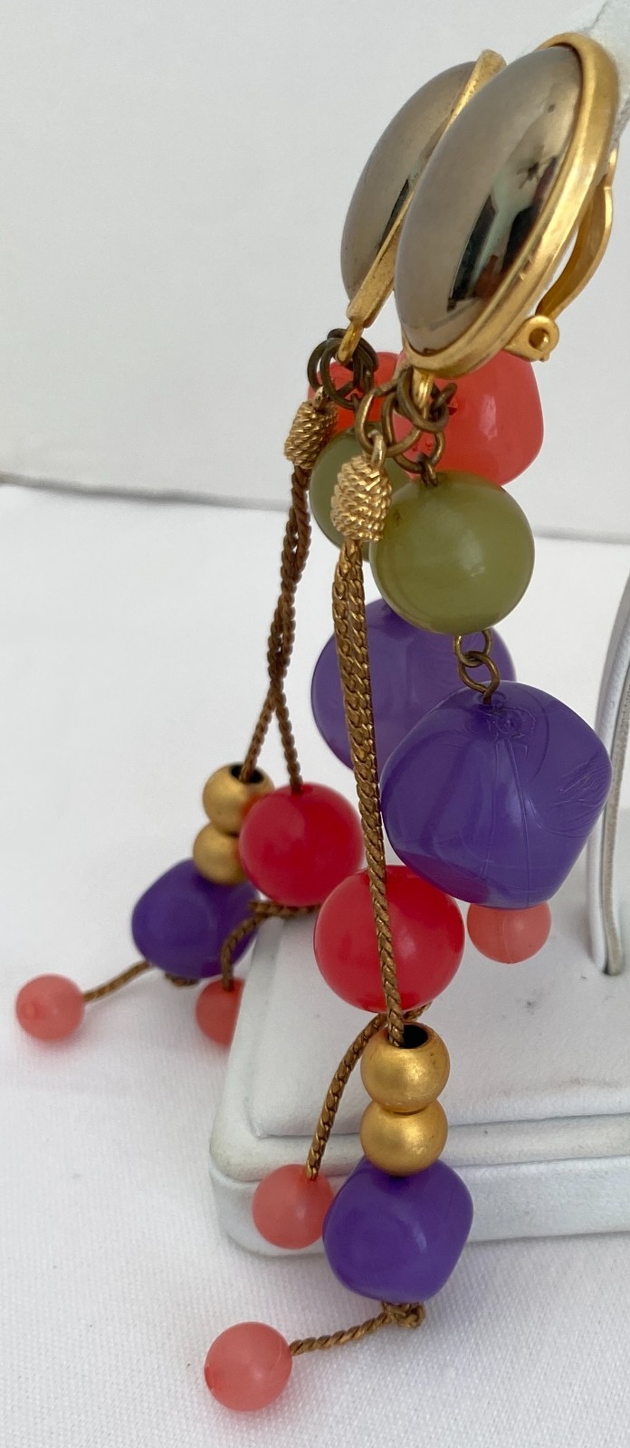 Vintage Colorful Fruit Salad Beaded Dangle Gold Tone Clip On Earrings Statement