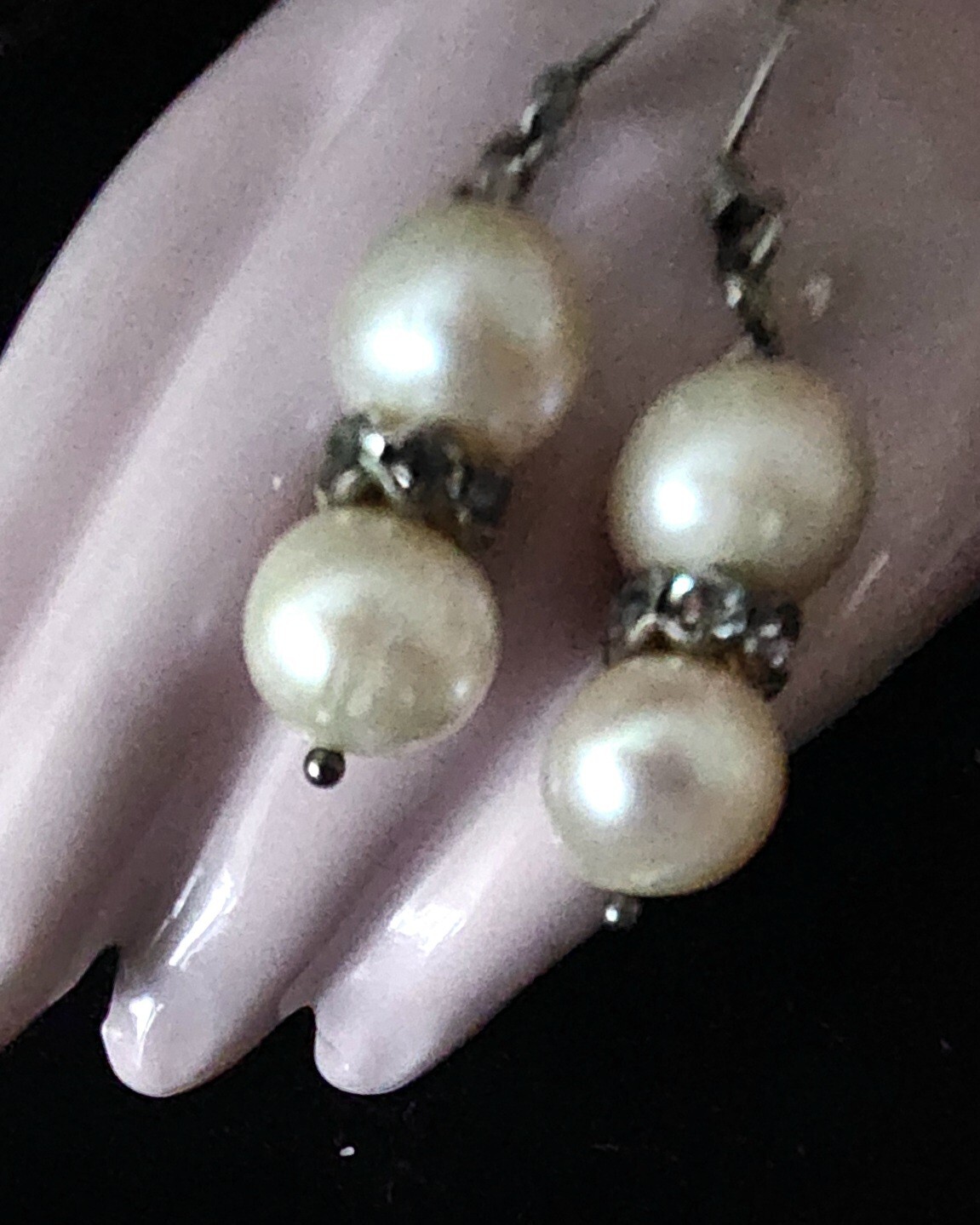 Elegant,2 Tiered Pearl Dangle Earrings, 925 Sterling Silver & Shimmering Crystal