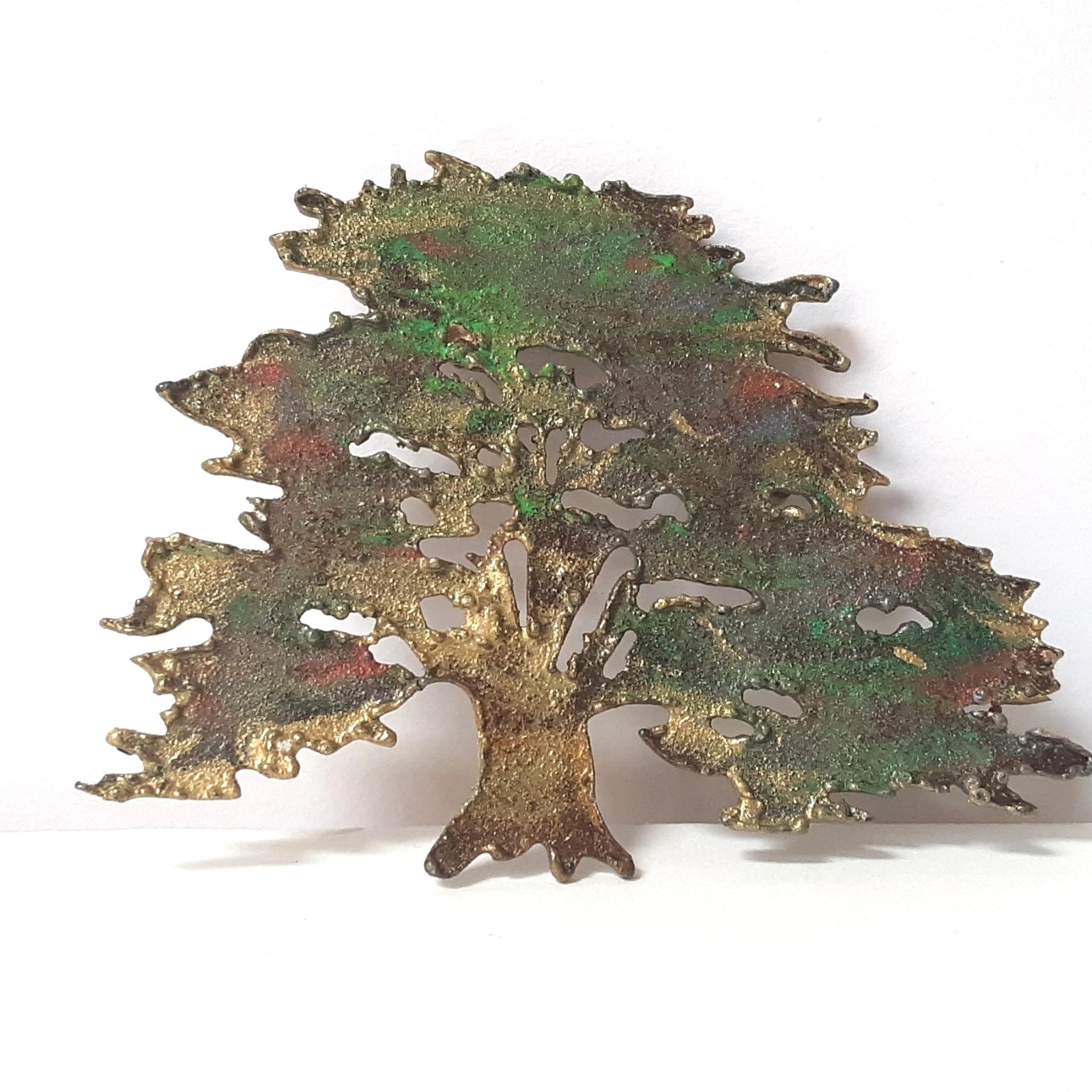 Handmade Cut Metal Tree Art FALL COLORS Brooch Pin 2″ x 1-1/2″ Artisan HandCraft
