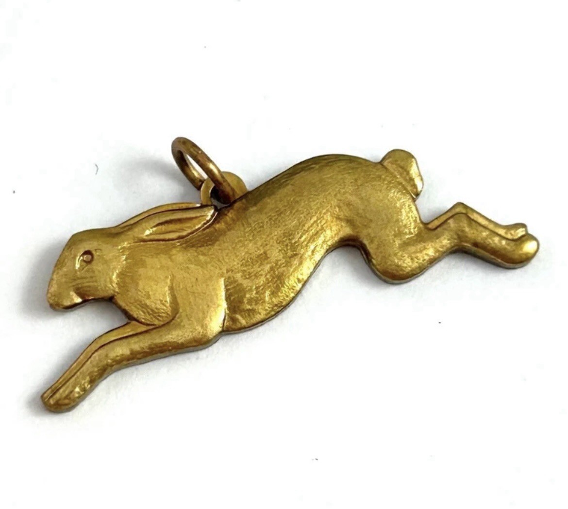 Vintage Rabbit Charm Necklace Pendant Running Rabbit Bunny Brass Jewelry