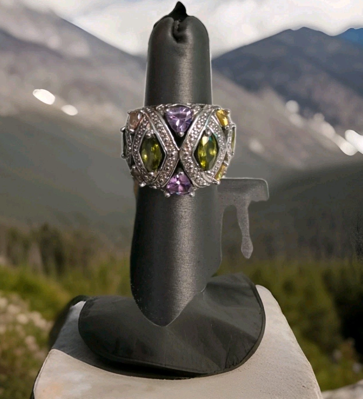 Sterling Silver Ring 925 Olivine+Amethyst+Citrine+Champagne Cubic Zirconia Sz 6