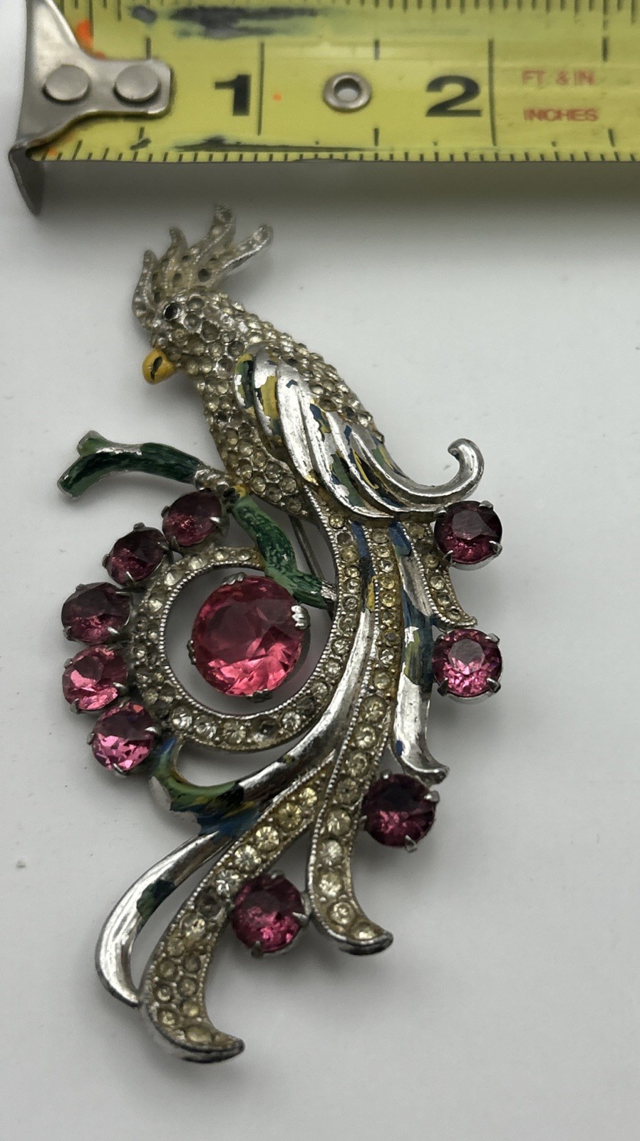 Vntg 3.5” Cockatoo Bird Brooch Pink Rhinestones Enamel Pin Unsigned Coro Read