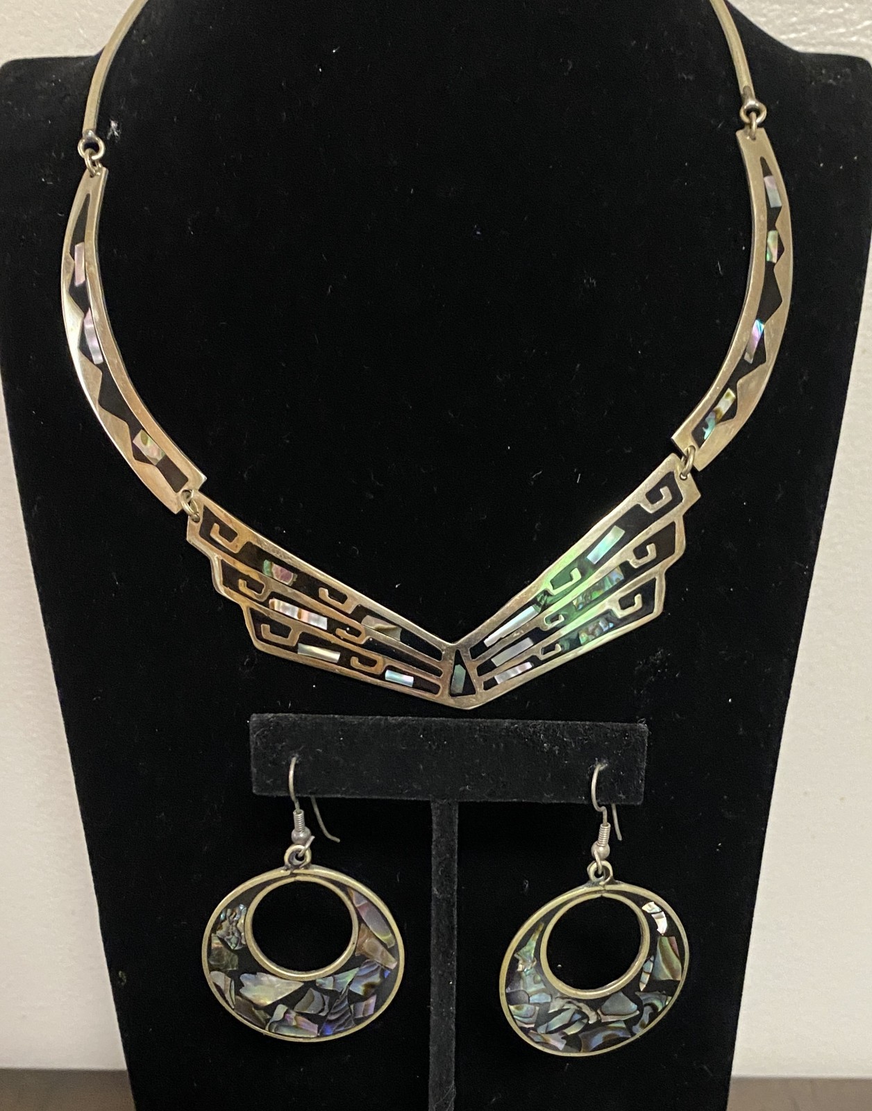 Vintage Alpaca Mex. Abalone Shell Necklace & Earring Set
