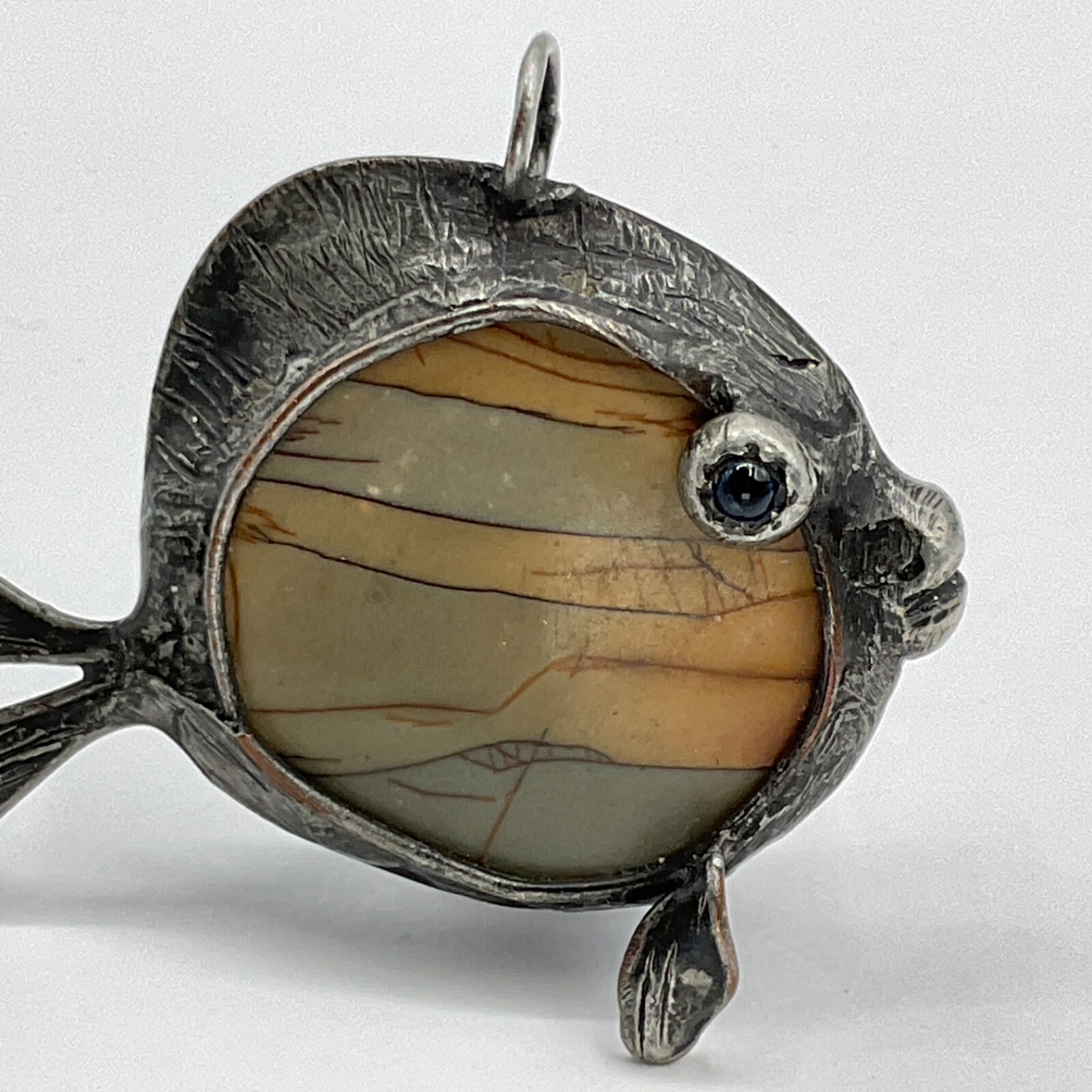VTG Pendant Fish Jasper Gem Stone Metal Copper Artisan Handmade One of a Kind