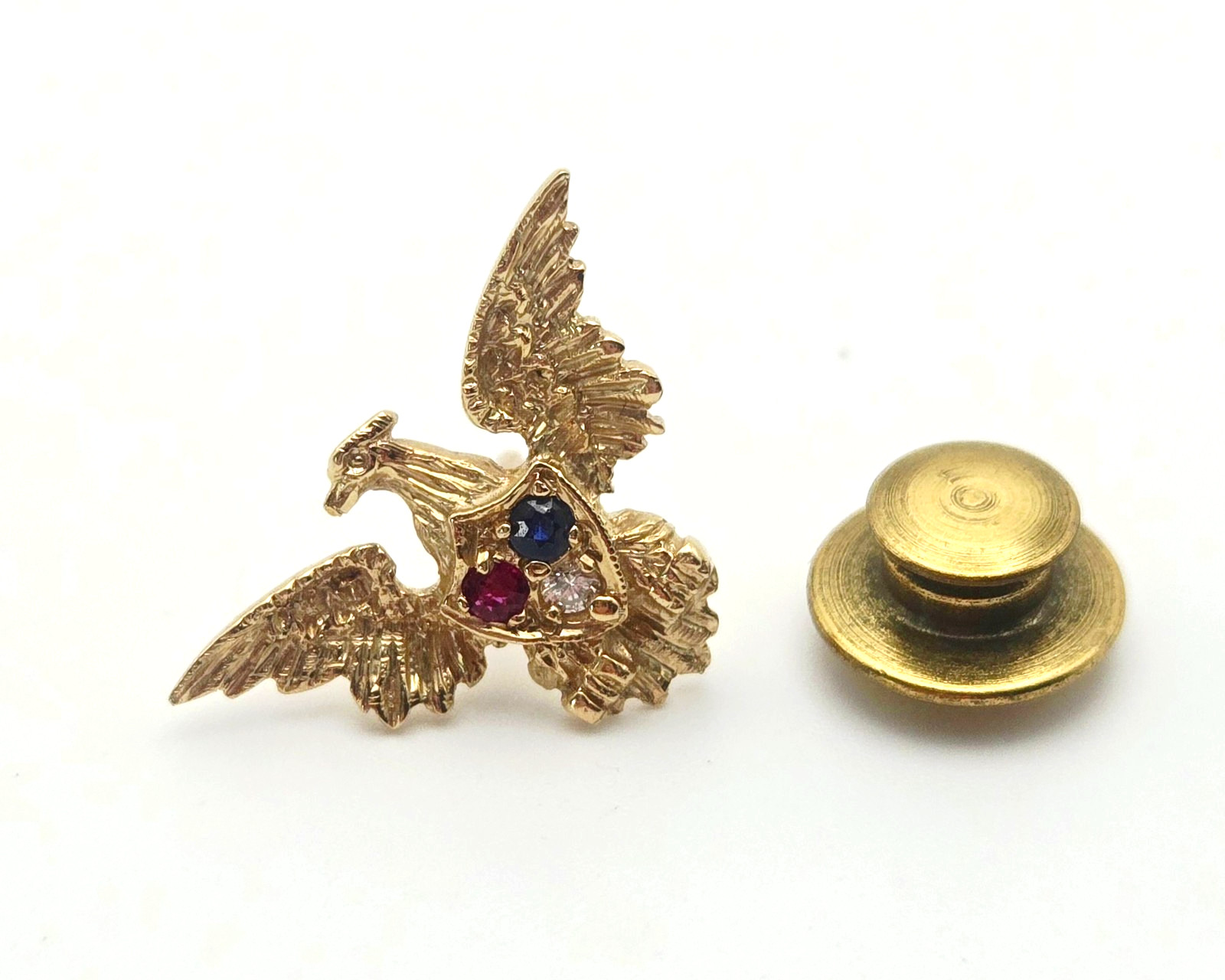 Vintage 14k GOLD Patriotic EAGLE w Ruby Sapphire & Diamond Tie Tack Pin
