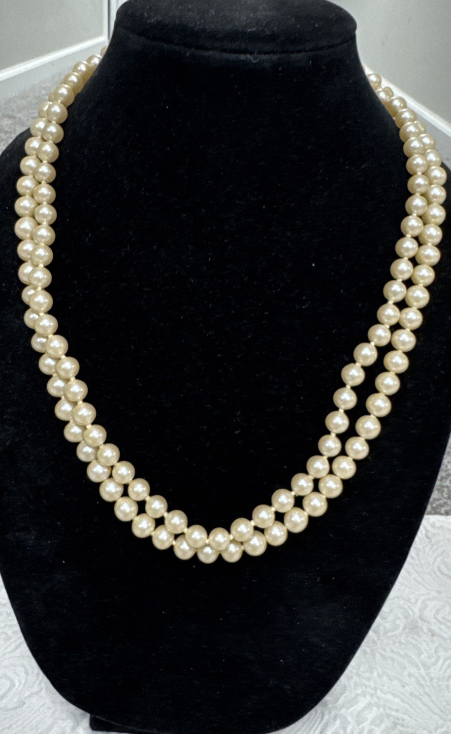 Vintage Hand Knotted Double Strand 24”Faux Pearls &Diamond Pearl Clasp 140 Grams