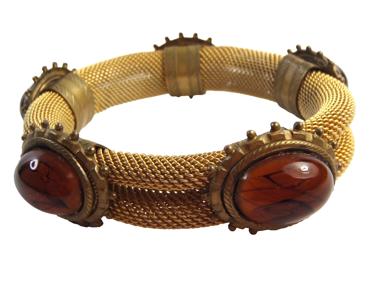 Estate Vintage Gold Toned Mesh Bangle Bracelet With 5 Stones 76 Grams 7 1/2″