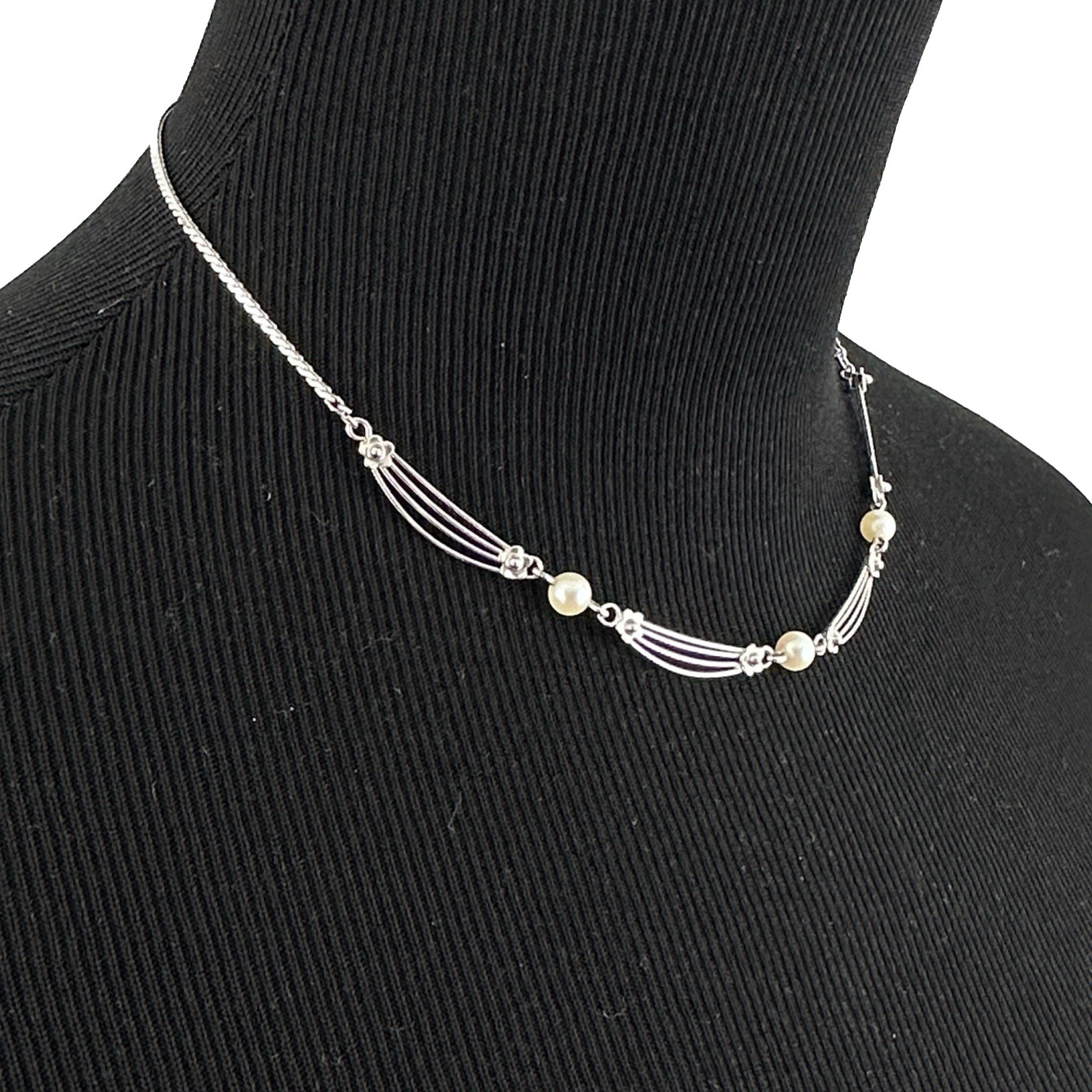 VAN DELL vintage necklace – sterling silver & cultured pearl choker 16″ delicate