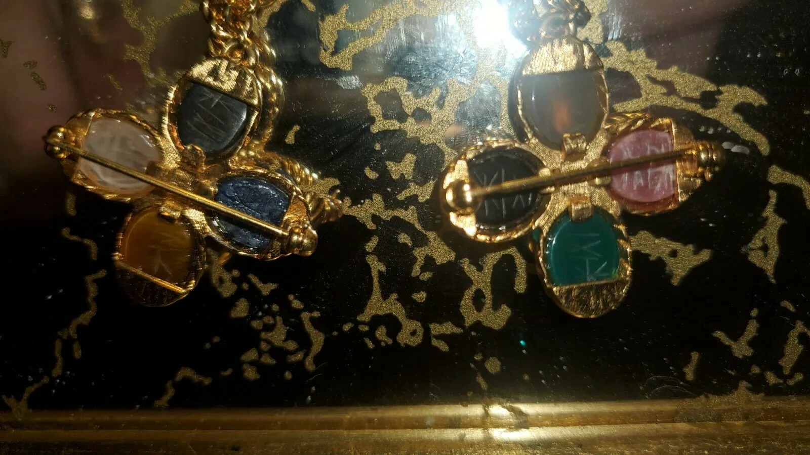 VTG Bal-Ron 12kGF Egyption Revival Scarab Collar SwagPins Lapis Onyx Quartz Jade