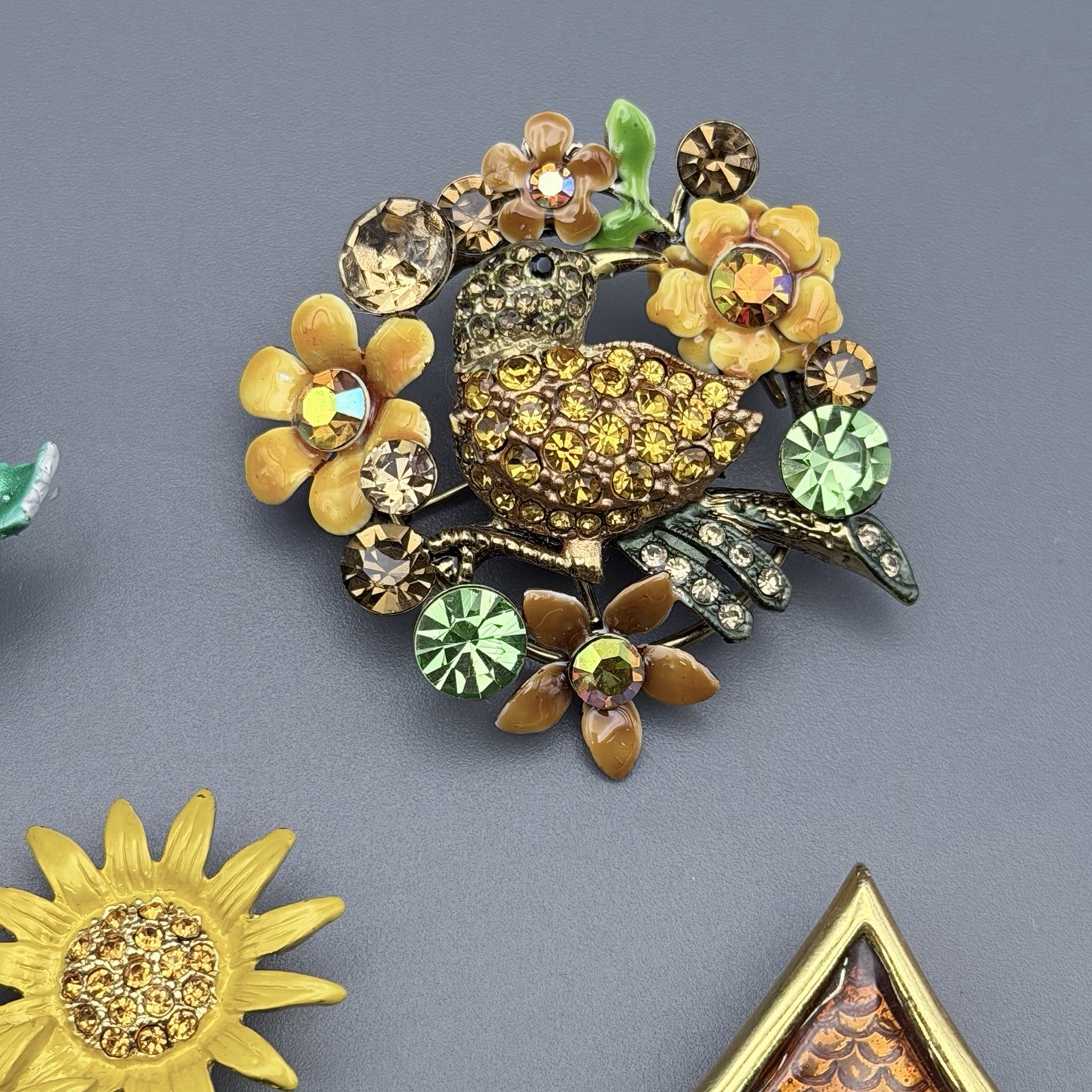 Gardening Brooch Lot Of 4 Sunflowers Birdhouse Rhinestones Enameled Gold Tone