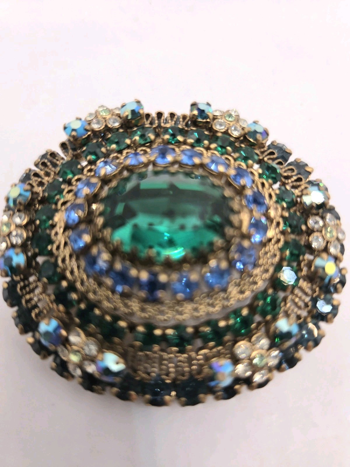 Vintage Brooch Austrian Blue Green Multi Colored Rhinestone Oval Stunning 0318