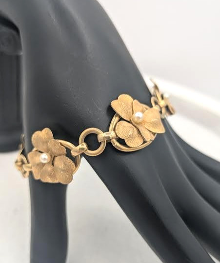 Vintage Flower Bracelet 12K Gold Filled Glass Pearl Floral Link