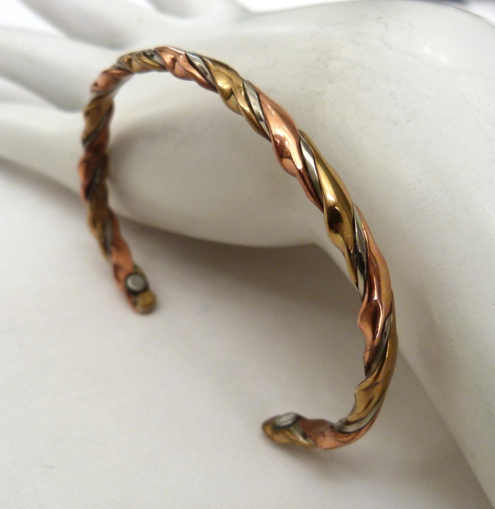 VINTAGE SERGIO LUB WOVEN COPPER BRASS SILVER MAGNETIC CUFF BRACELET