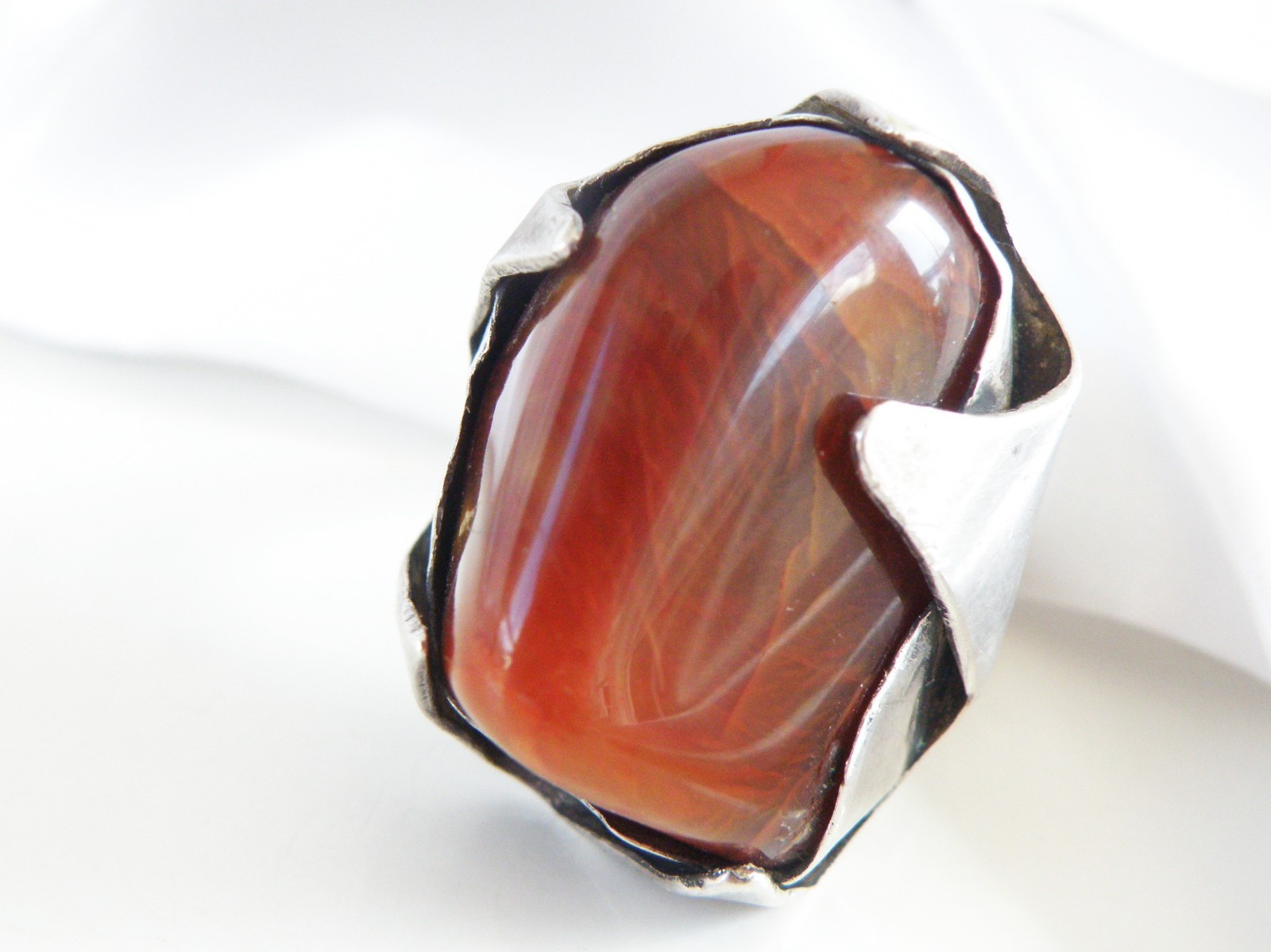 Vintage Sterling Silver 925 Banded Agate Brutalist Modernist Statement Ring 7