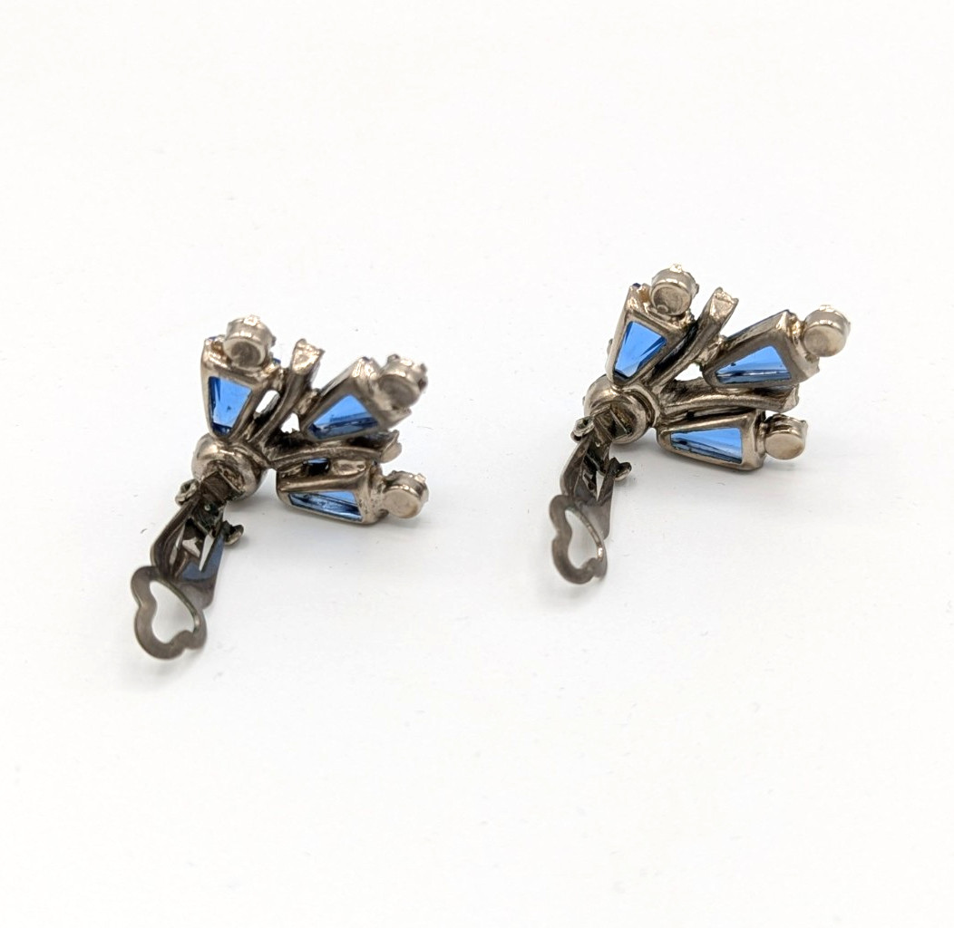 Juliana Blue Clip Earrings Keystones Fan Shape Verified DeLizza Elster Art Deco