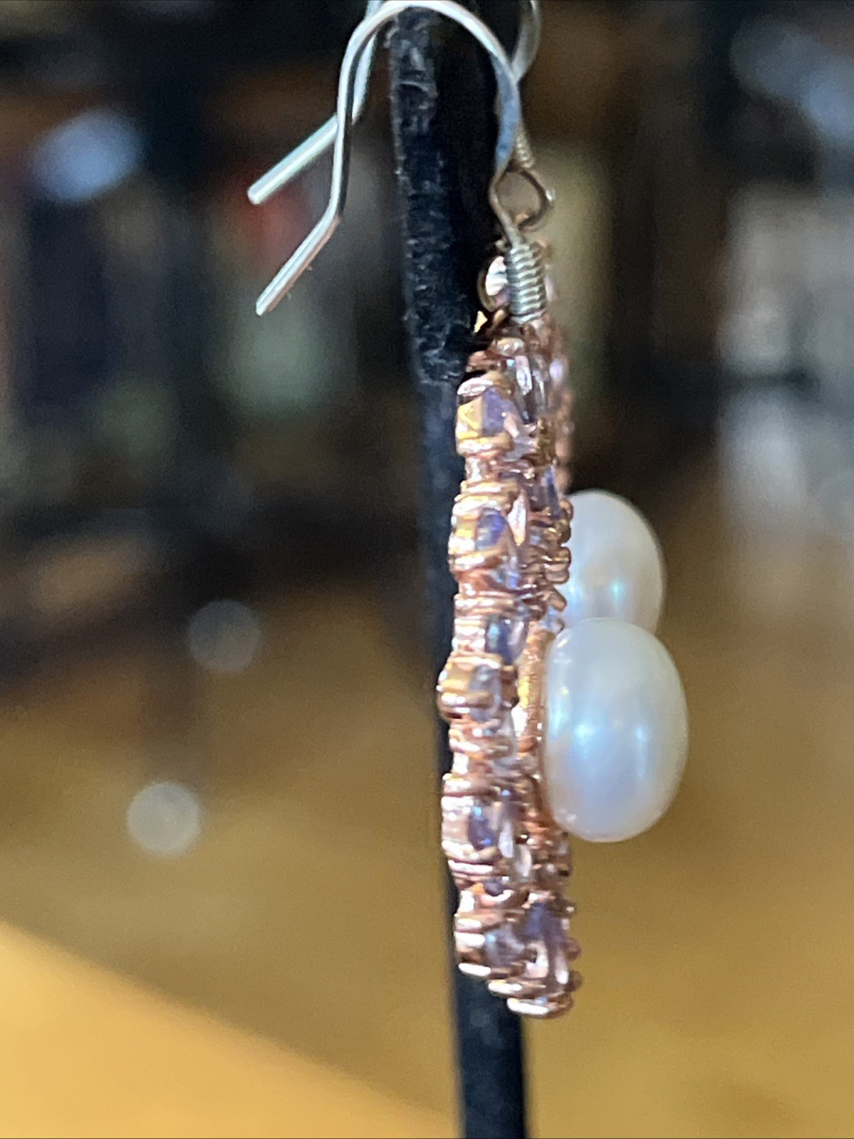 Vintage Tanzanite Real Pearl Dangle Drop Earrings 925 Wire Pierced 1.75” Classic