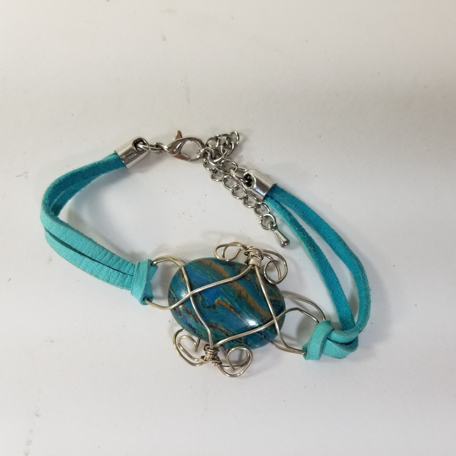 Unique Faux Turquoise Cabochon Silver Tone Bracelet Caged