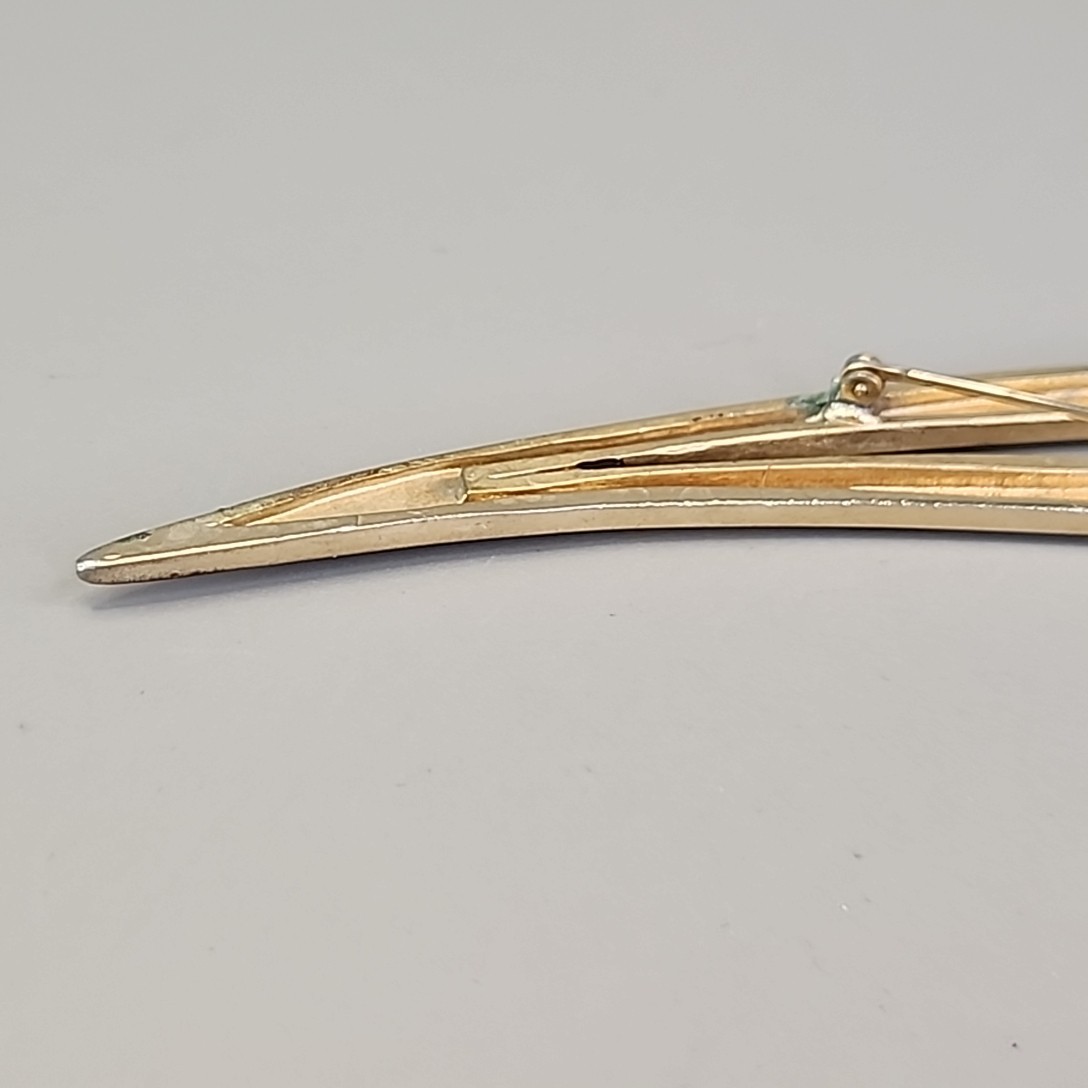 Vintage Modernist Brooch Mid Century Orange Enamel Gold Tone Long 4.25″