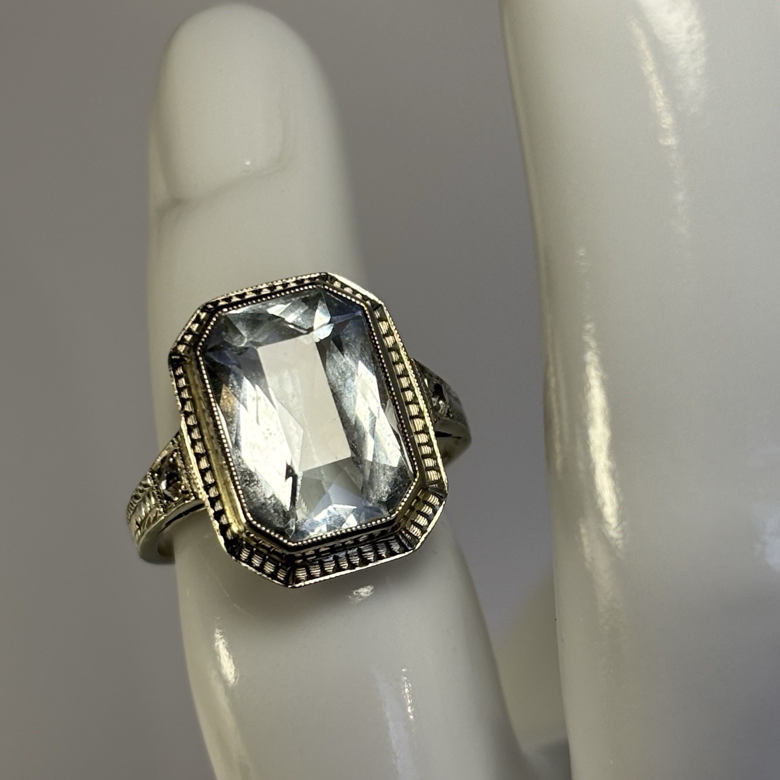 Vintage 14k White Gold Aquamarine Ring Art Deco Style Emerald Cut Estate