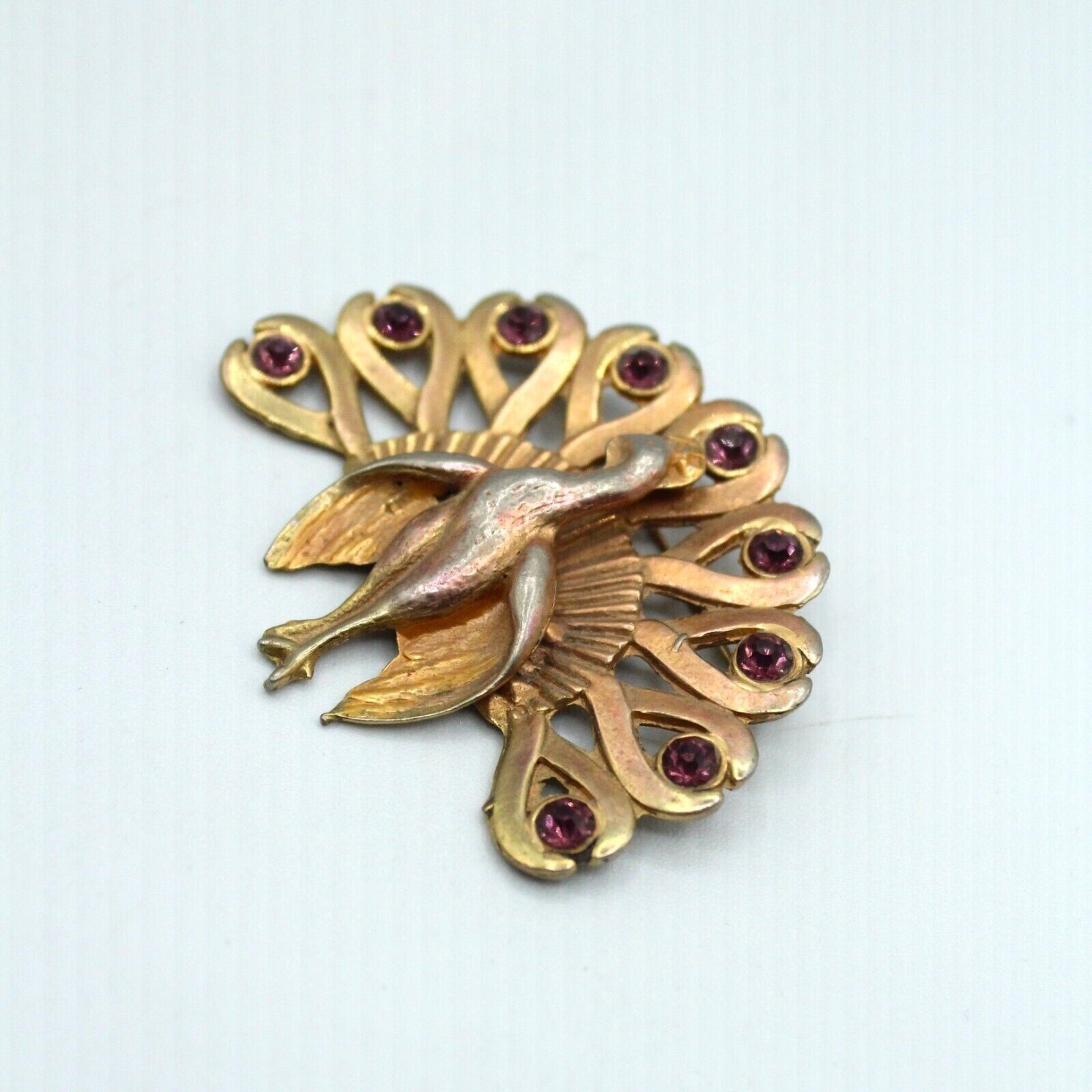 Peacock Brooch Pin w/ Purple Rhinestones Gold Tone 1920s 1930s