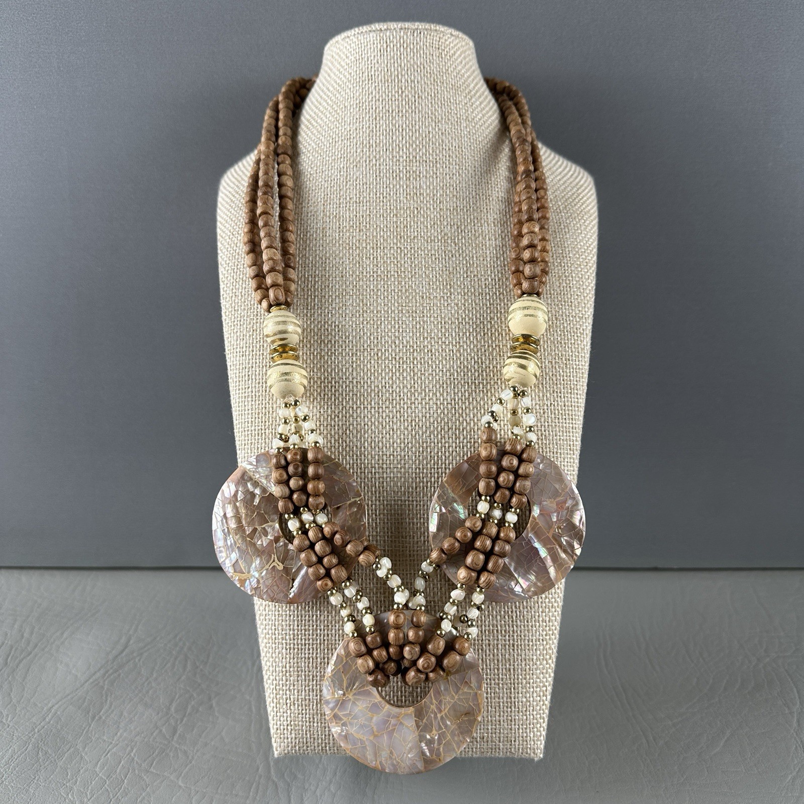 Vintage Mother of Pearl Necklace Bead Statement Multi Strand Disc 23″