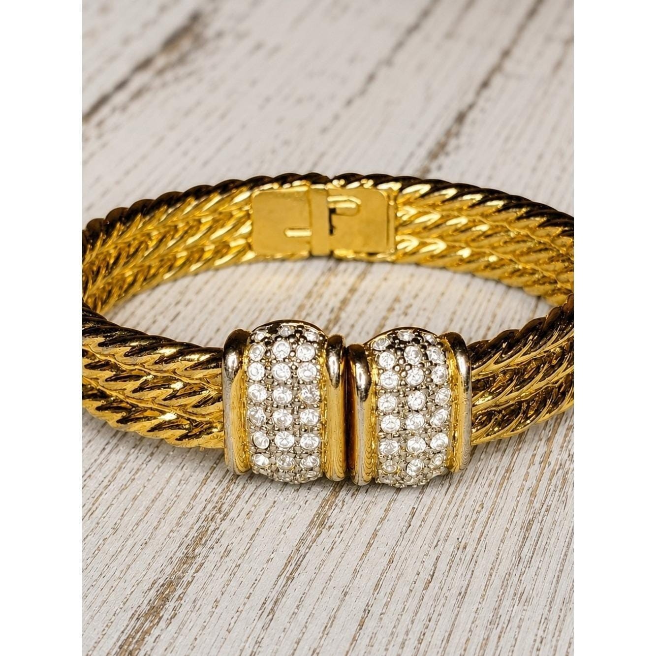 Vintage Gold Tone Rhinestone Clamper Bracelet Woven Mesh Textured Hinged Cuff