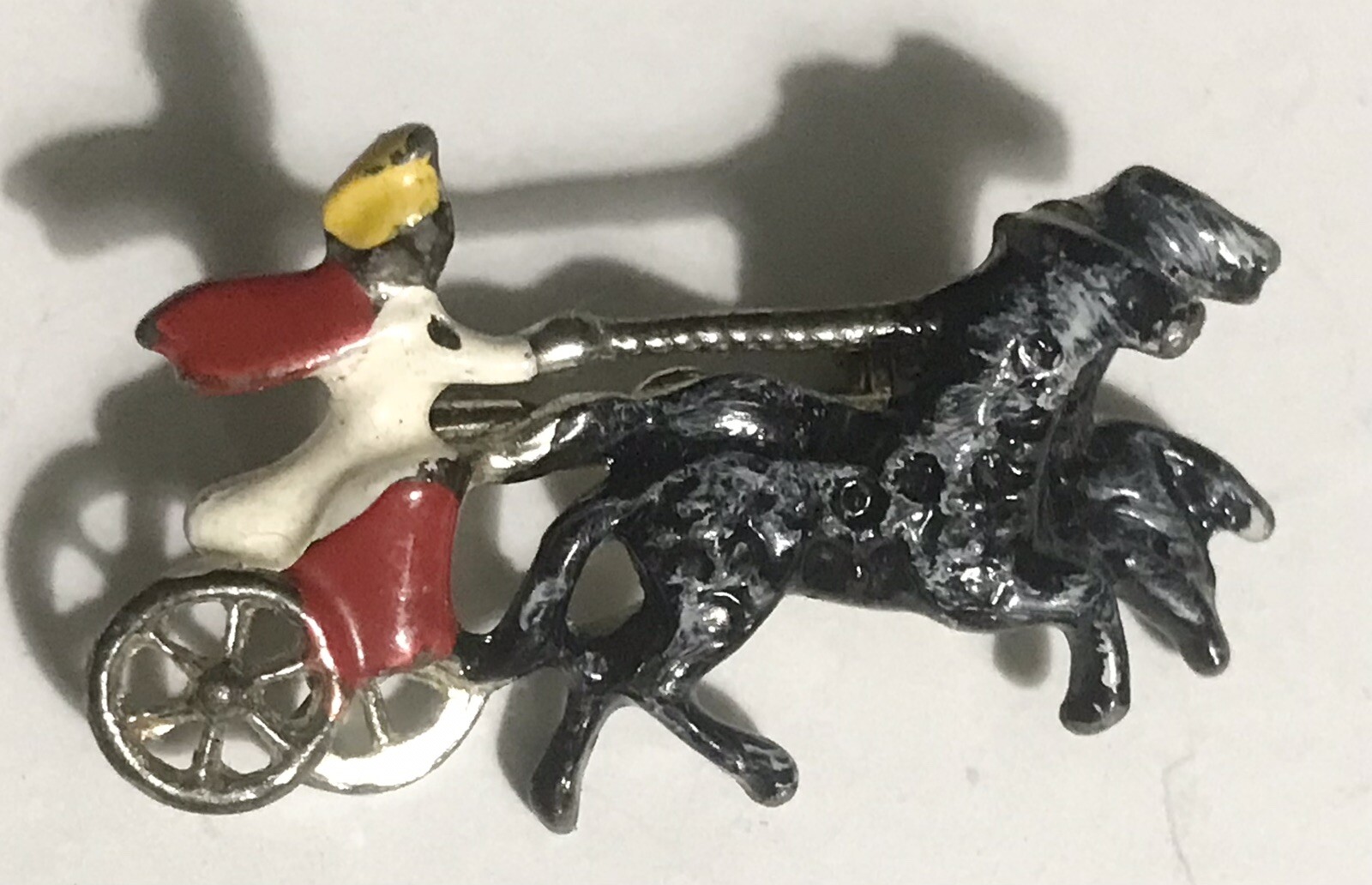 Small Vintage Enamel Pin Chariot Race Black Horses Moor Rider Pewter Unisex