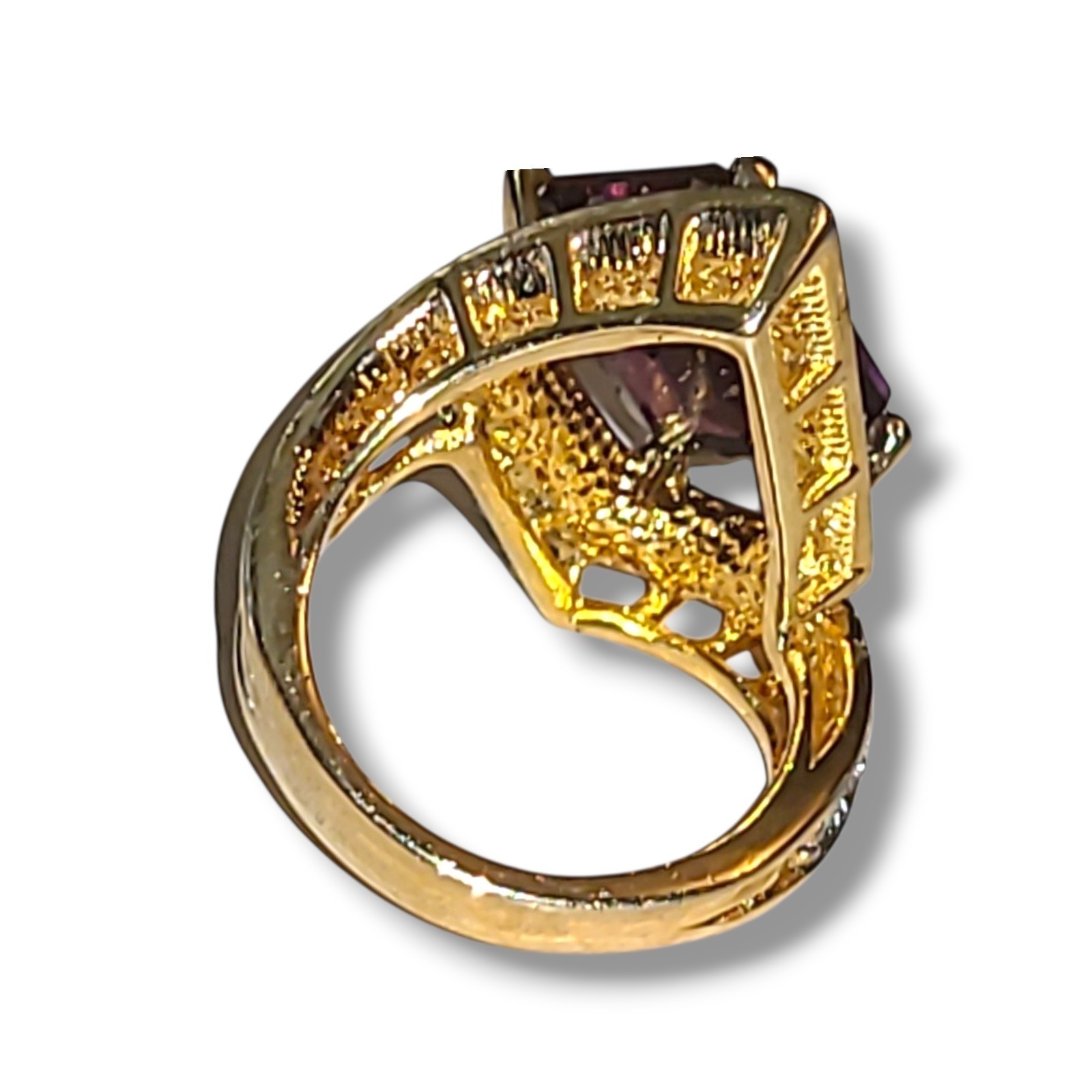 Vintage 18K HGE CZ Cocktail Ring Emerald Cut Purple Crystal Gold Statement Sz 9