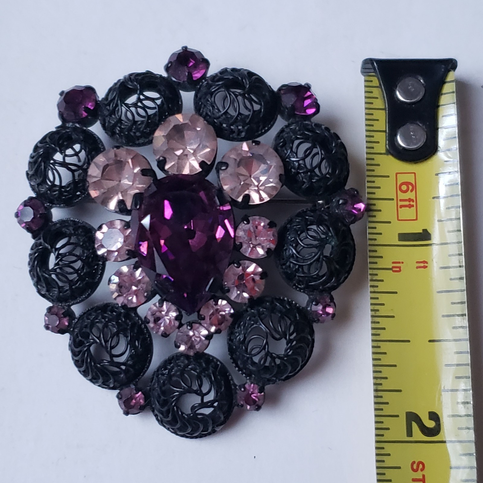Vtg Filigree Brooch Purple Teardrop Stone Pink Mid-Century Japanned Gunmetal