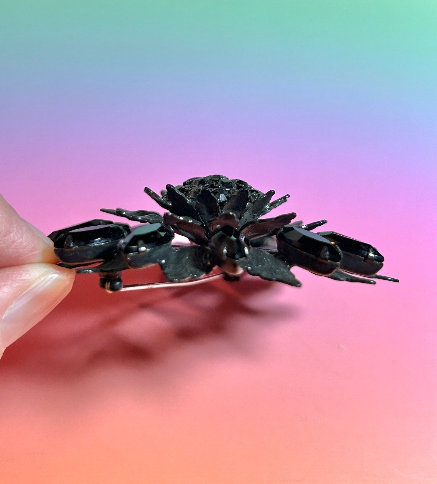 Vintage La Roco Large Rhinestone Flower Brooch Gunmetal Gray & Black 2.75”