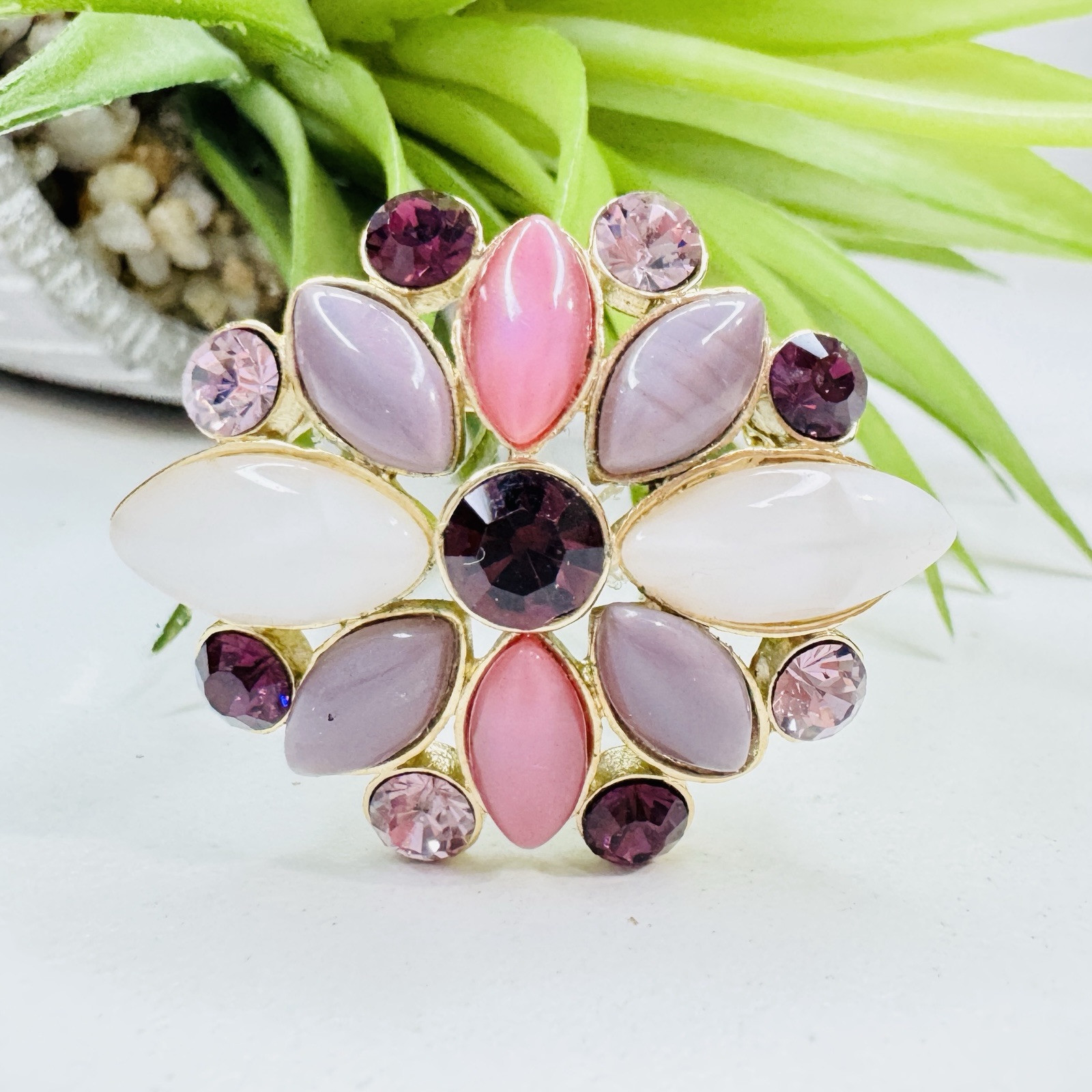 Vintage Liz Claiborne Purple, Pink and White Flower Starburst Gold Tone Brooch