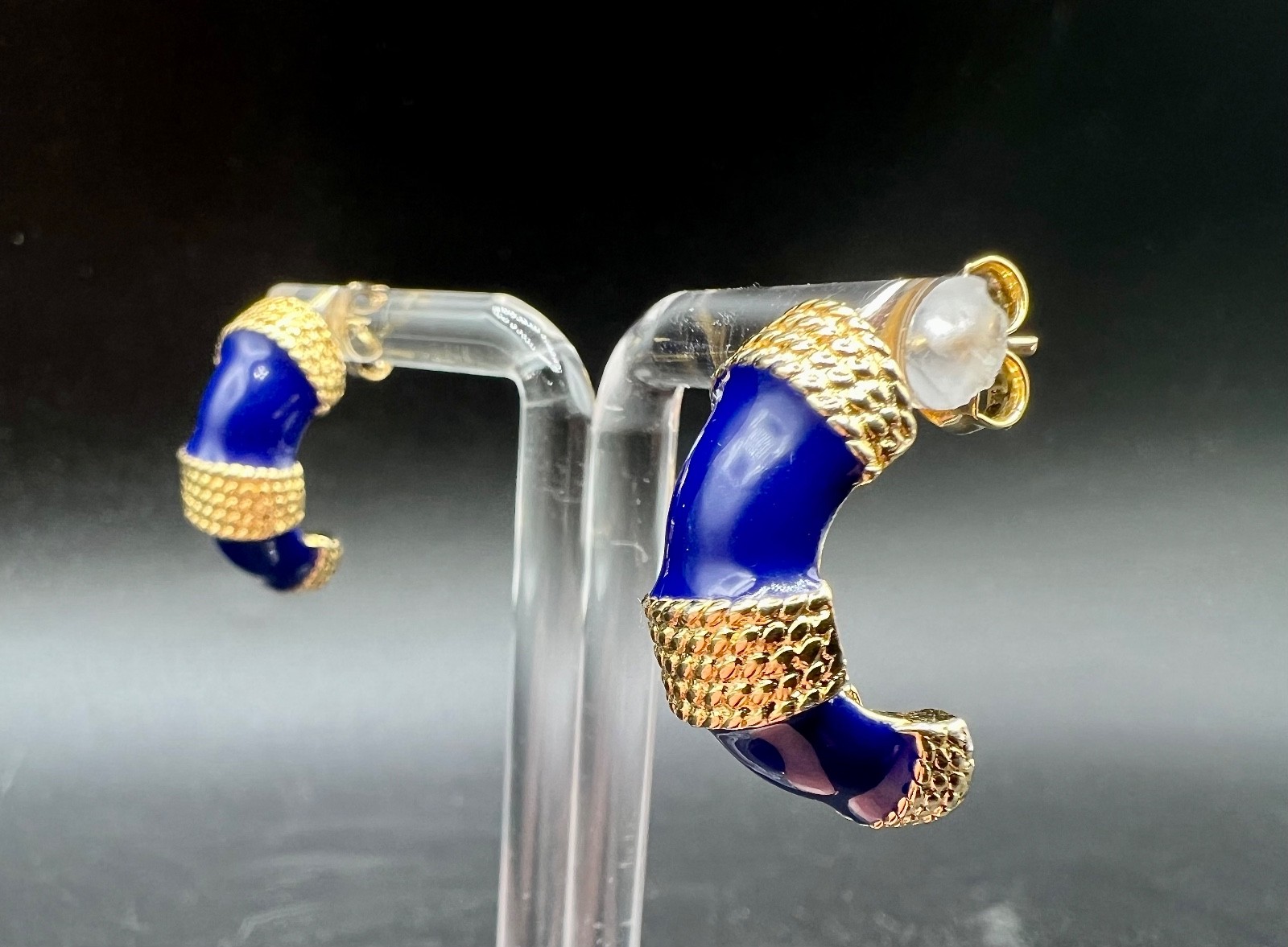 Vtg Gay Boyer Cobalt Blue Enamel J Hoop Earrings Gold Tone Rope Signed Statement