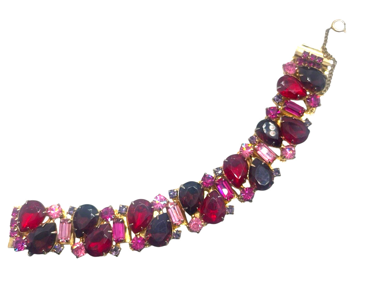 Stunning Vintage Red, Fuchsia & Amethyst “Jeweled” Bracelet & Dangle Earring Set